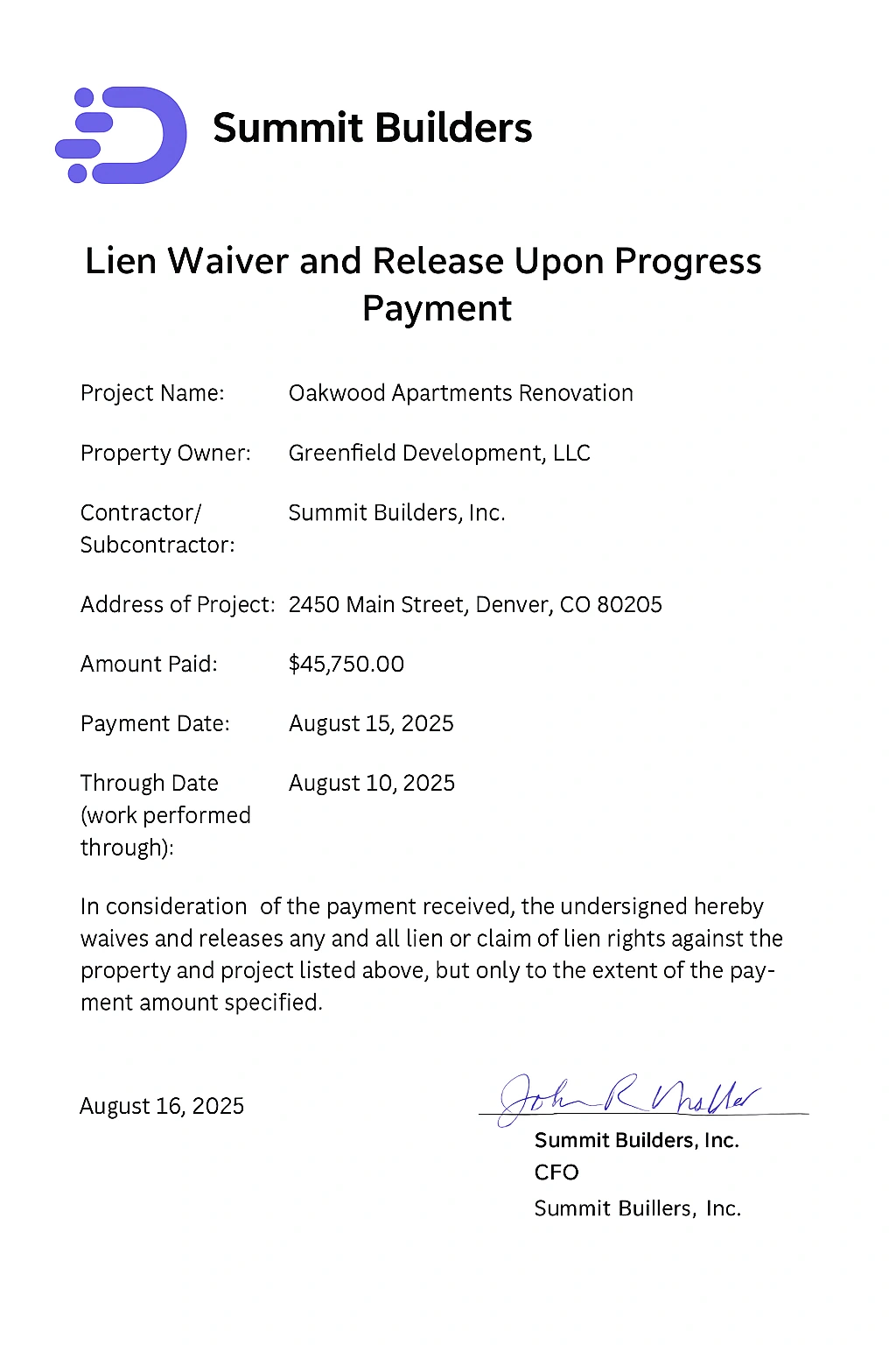what is a lien waiver in construction example