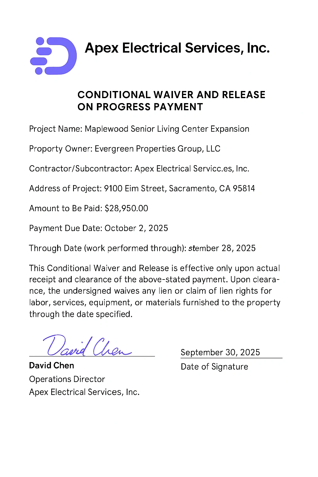 conditional waiver and release on progress payment example