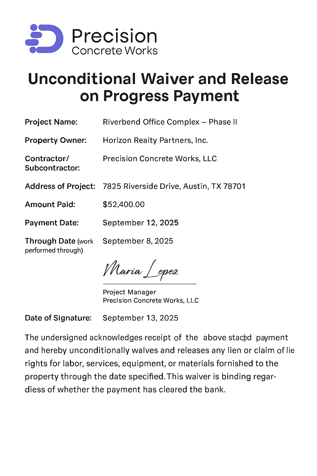 unconditional waiver and release on progress payment example