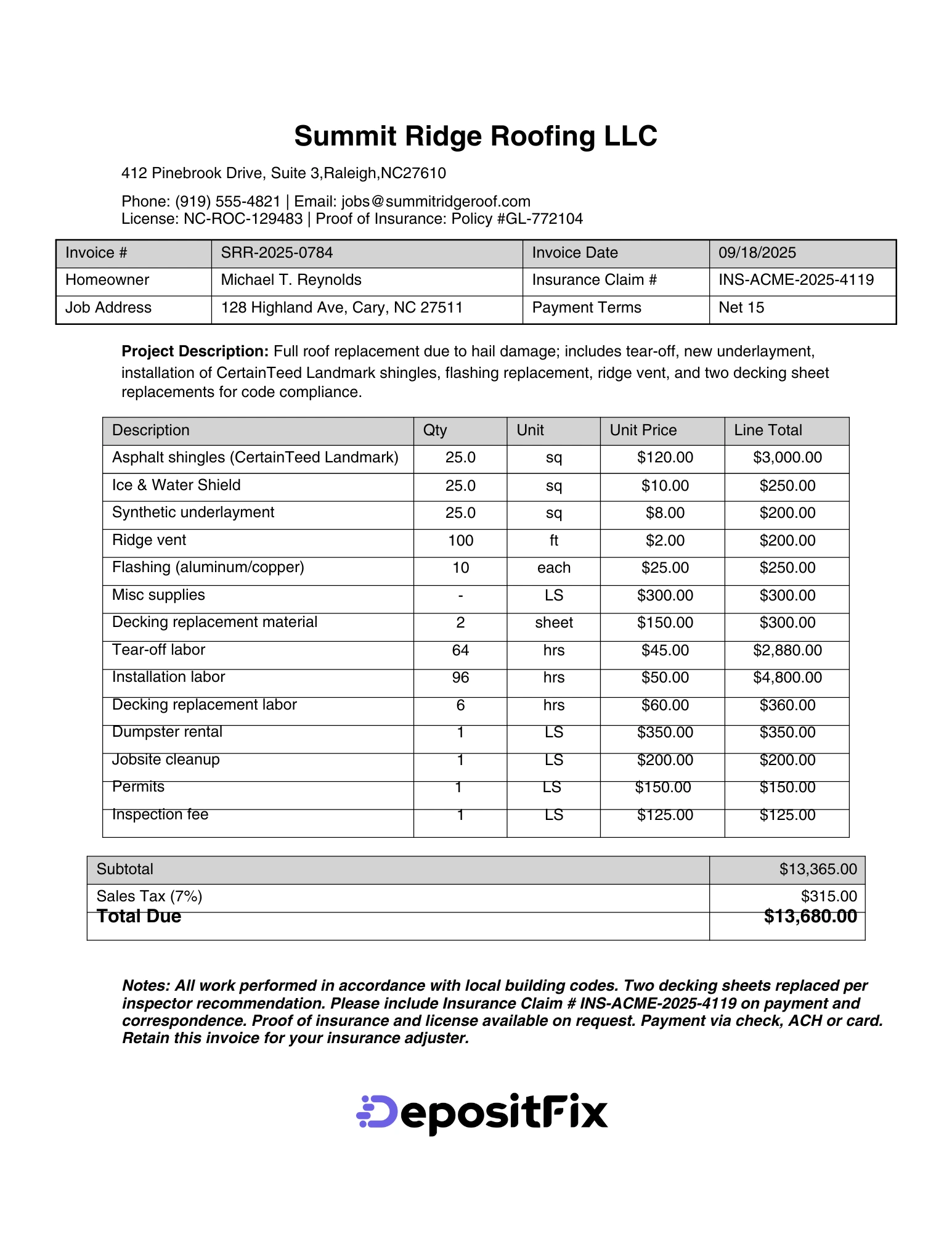 example of roof replacement invoice for insurance claim