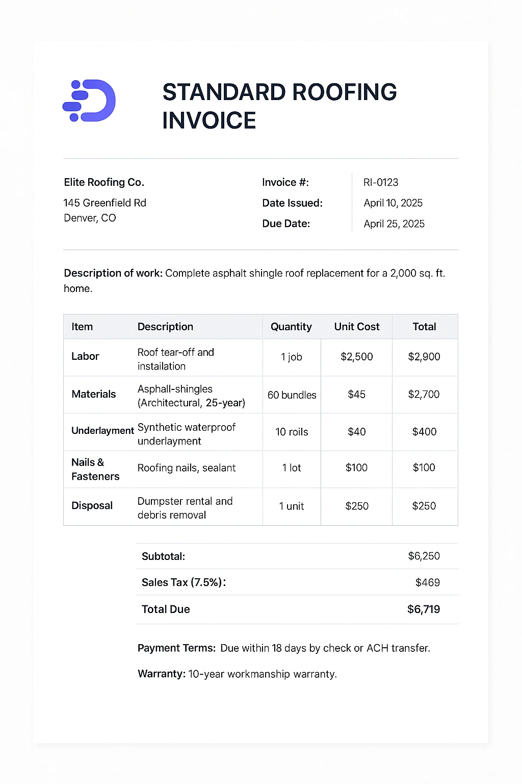 example of a standard roofing invoice