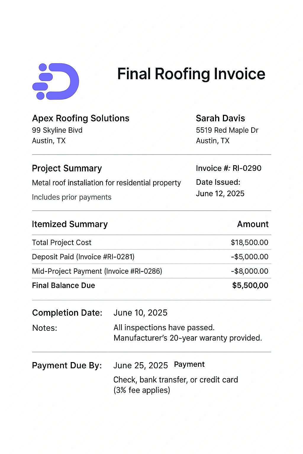 example of a final roofing invoice