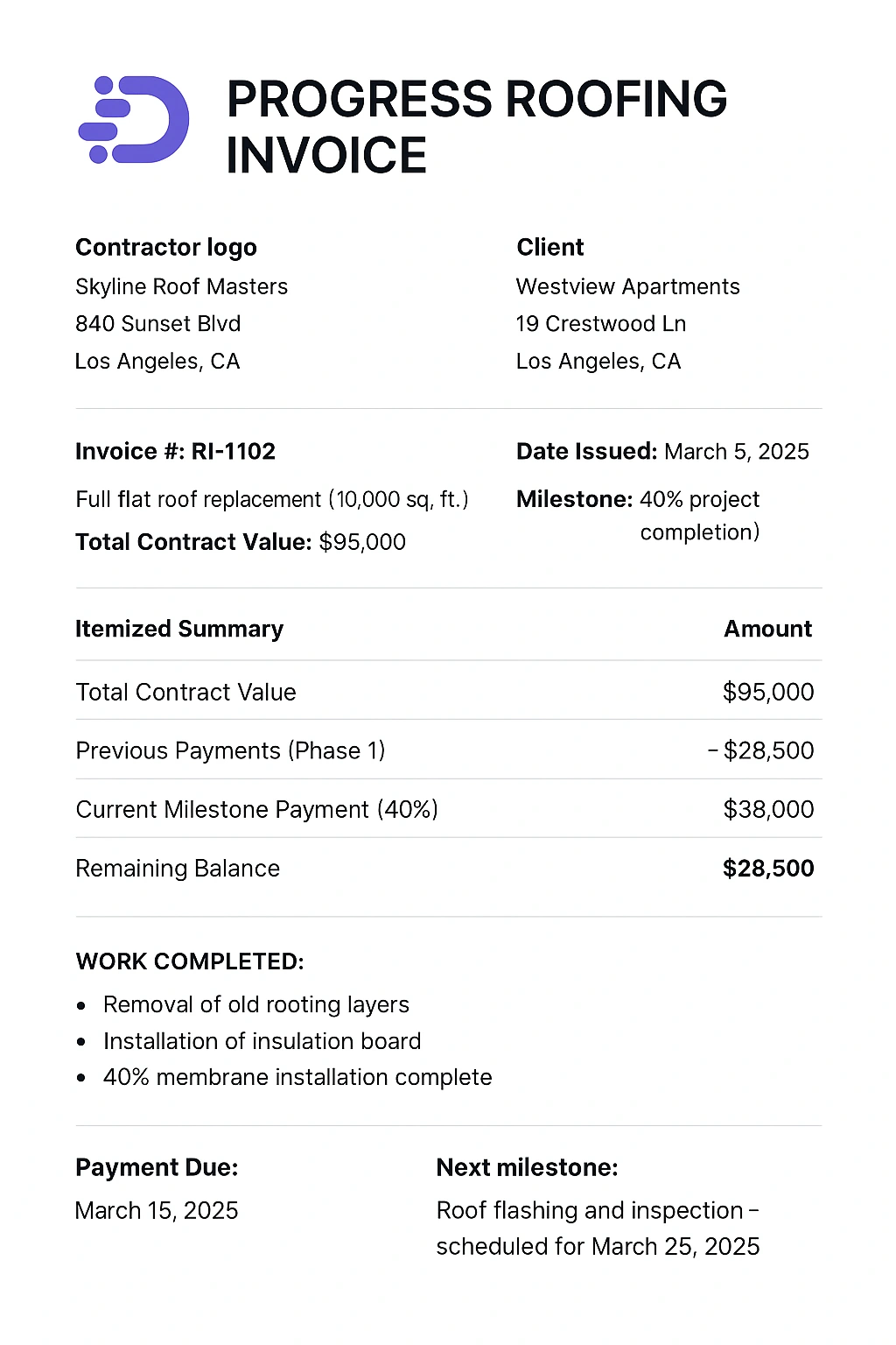example of a roofing progress invoice