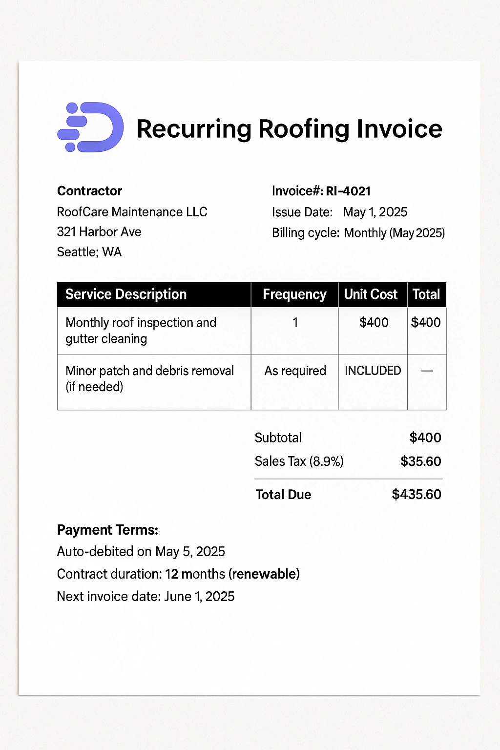 example of a recurring roofing invoice