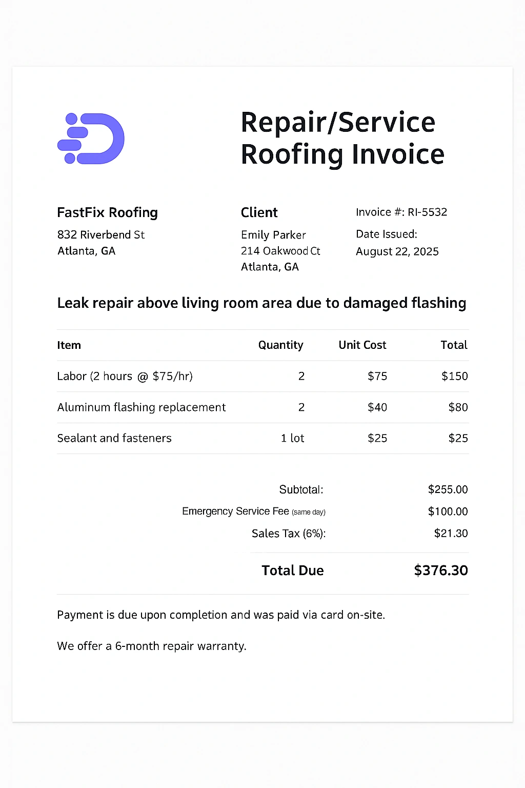 example of a repair service roofing invoice