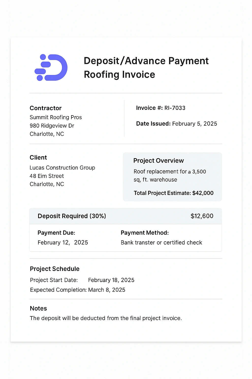 example of a deposit advance payment roofing invoice
