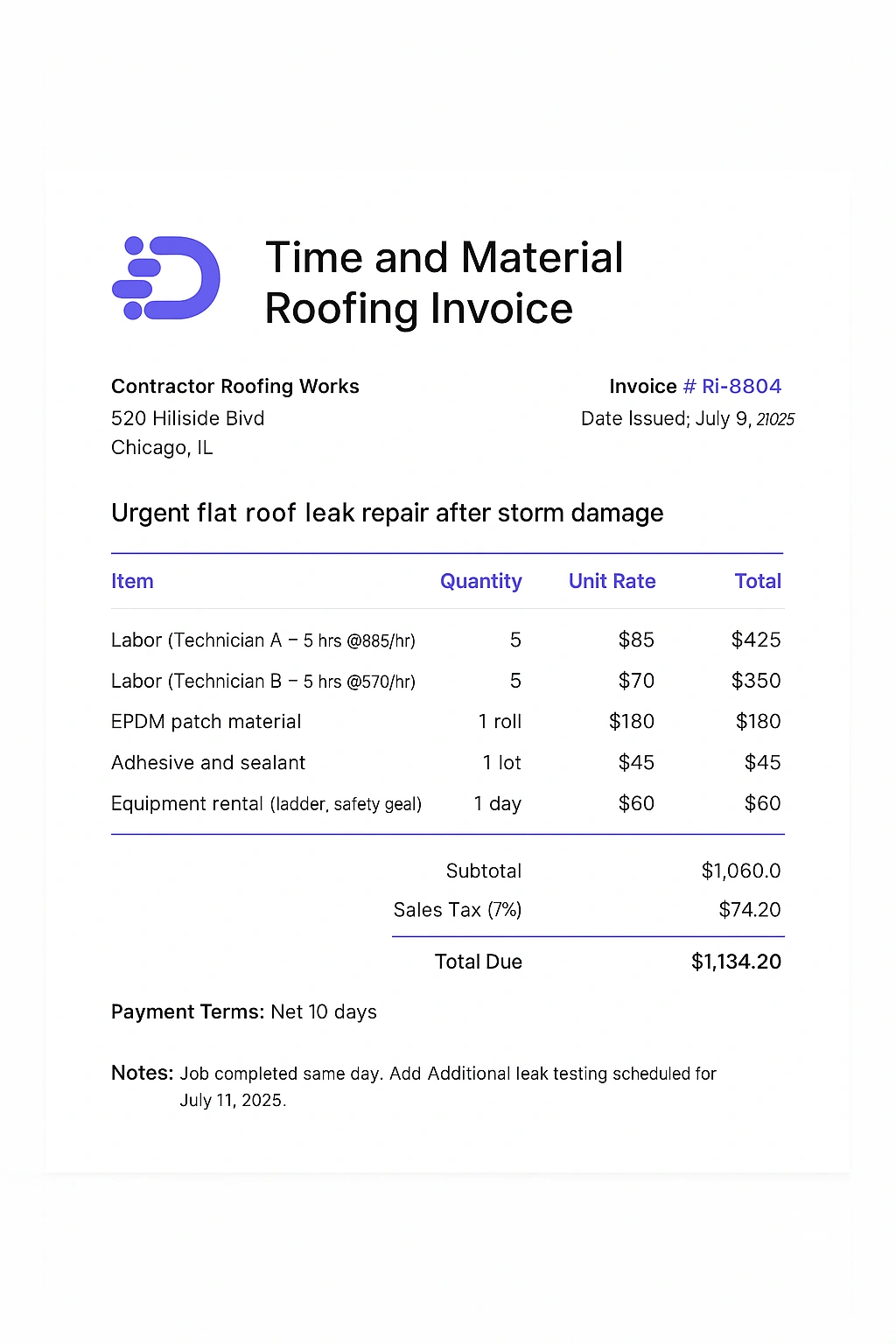 example of time and material roofing invoice