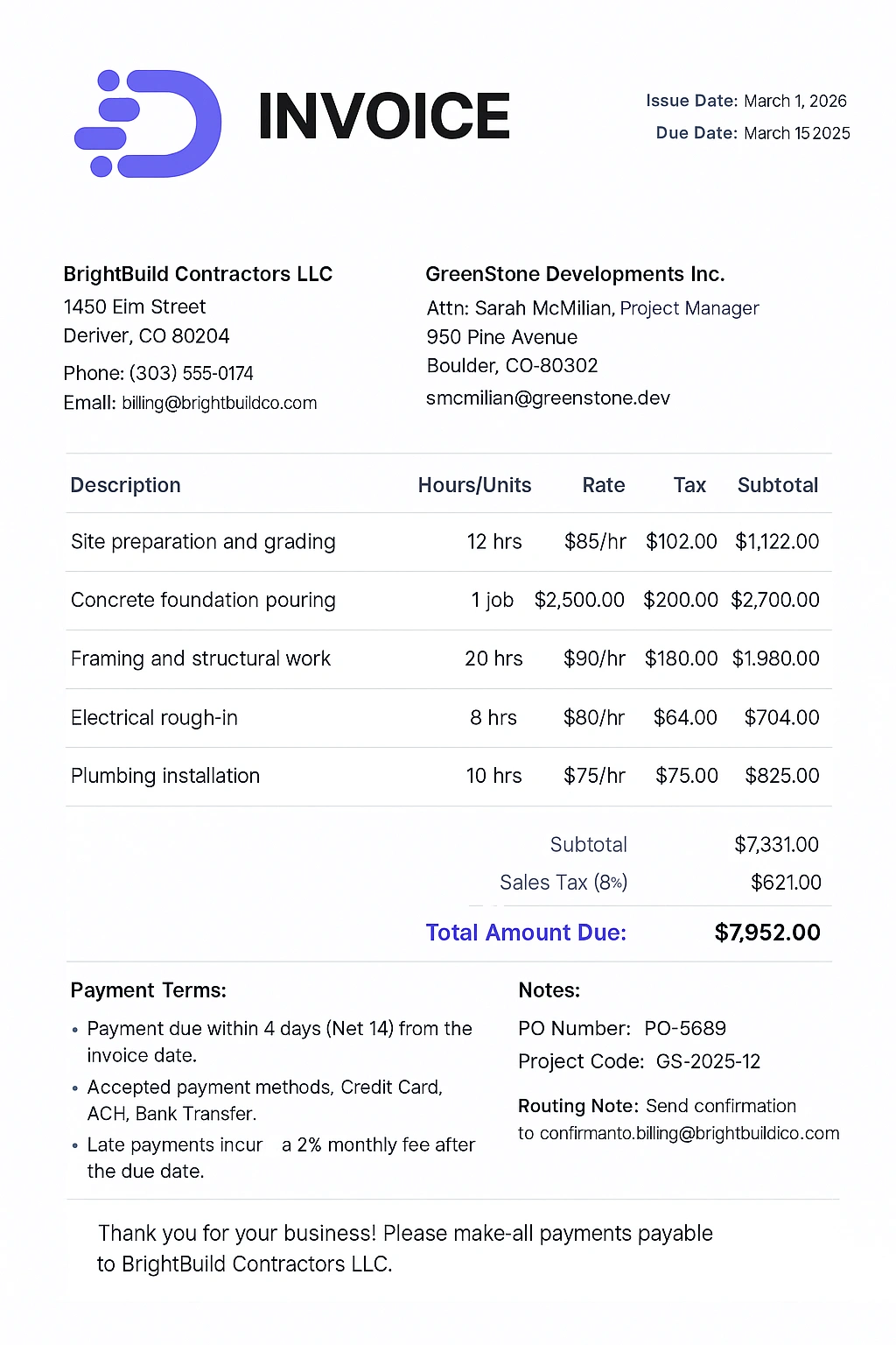 example of contractor billing invoice