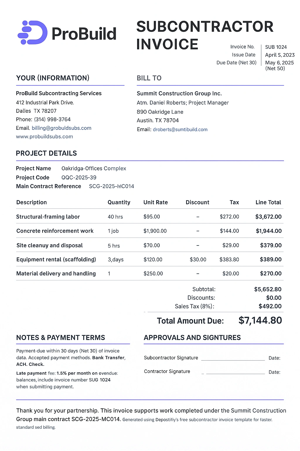 subcontractor invoice example