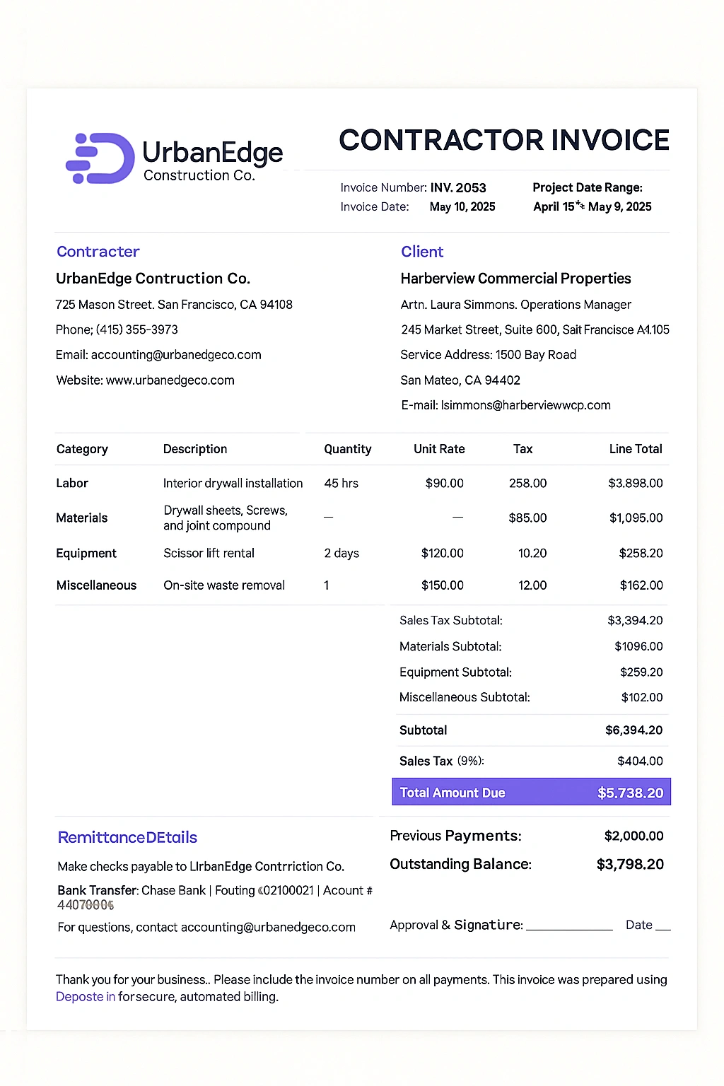 contractor itemized invoice example
