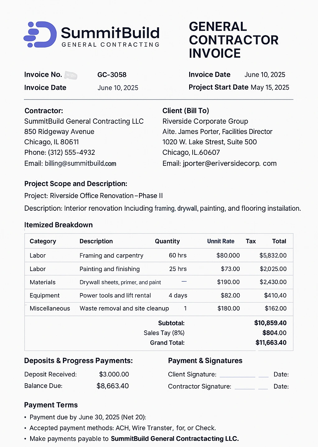 General contractor invoice sample