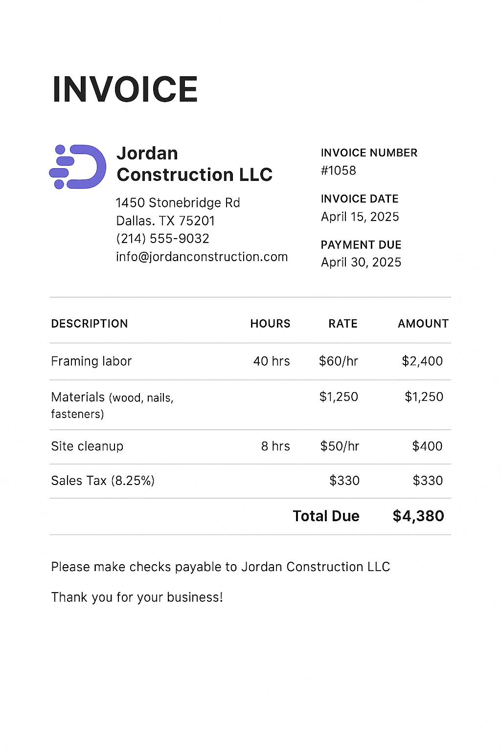 sample independent contractor invoice