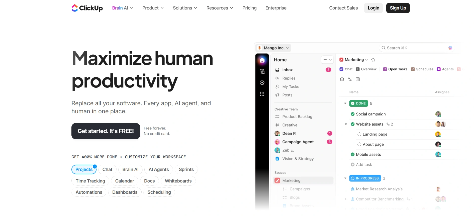 Clickup all-in-one workspace that offers CRM and invoicing