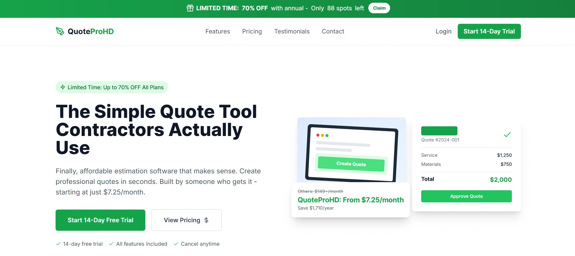 Quoteprohd quoting tool oriented toward independent contractors or small teams