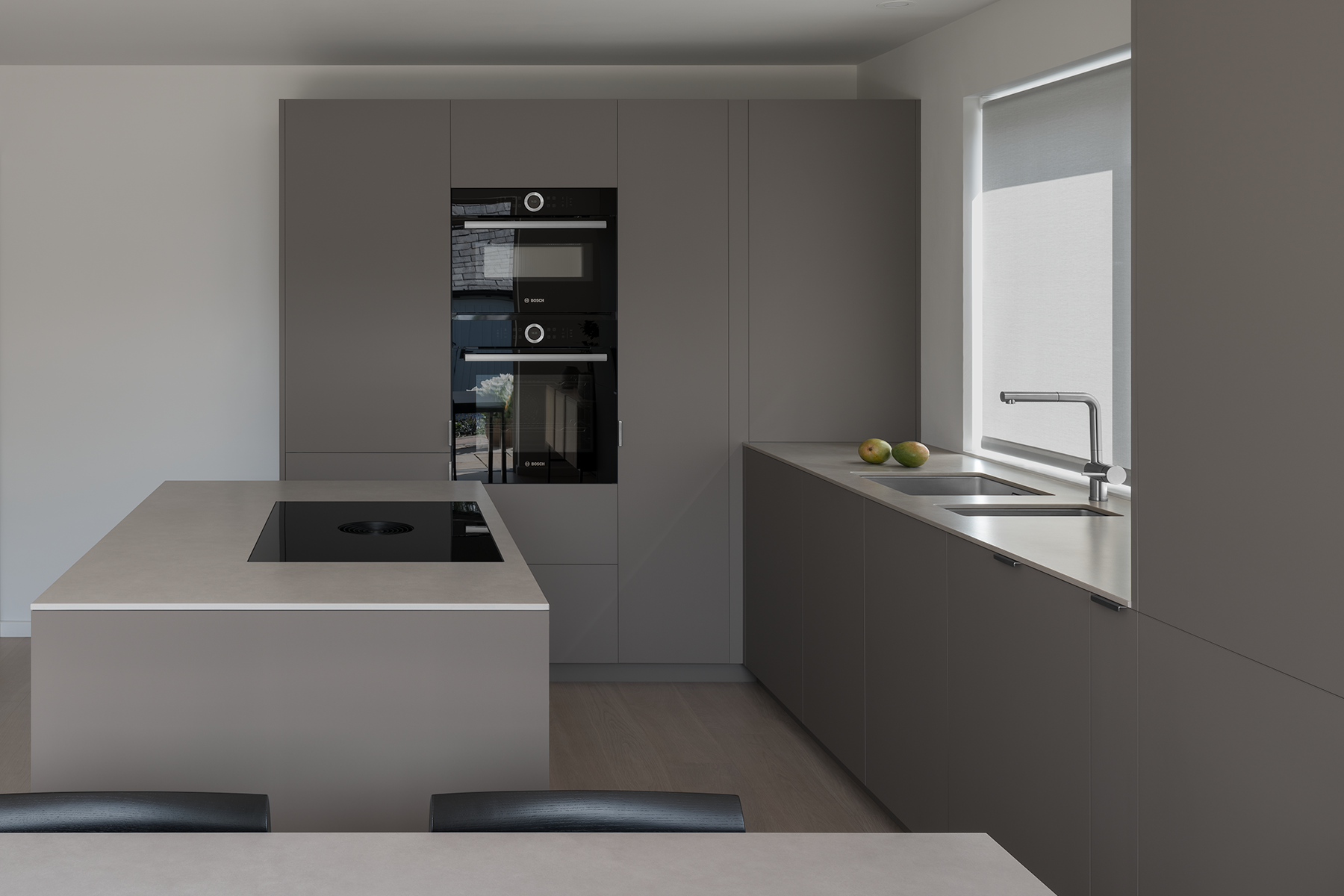 Open plan modern minimal Japanese kitchen with island unit, bleached oak floor, brown grey cabinets, natural stone work surface and dining table