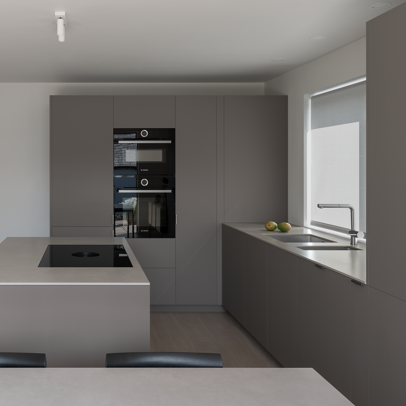 Open plan modern minimal Japanese kitchen with island unit, modern white down lights, bleached oak floor, brown grey cabinets, natural stone work surface and dining table