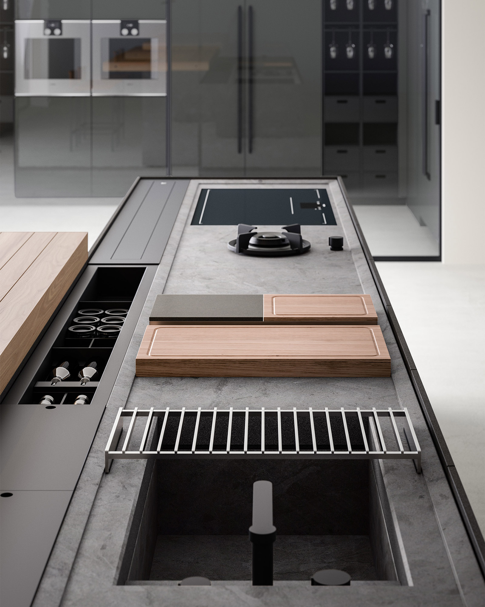 storage compartments incorporated in minimal kitchen worktop - inside track system by Boffi