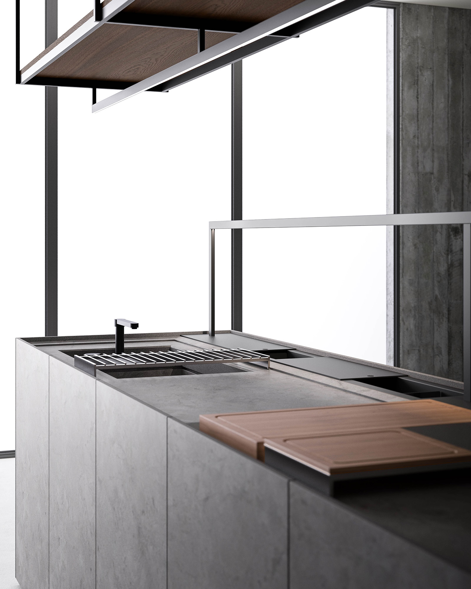 hanging utensil bar with integral LED light - minimal kitchen by Boffi