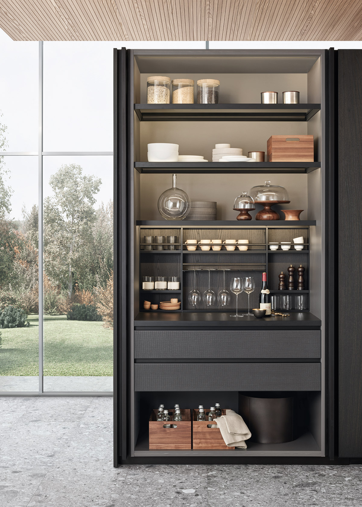 open Phoenix full height kitchen storage cabinet with shelves, drawers and integral lighting in modern interior