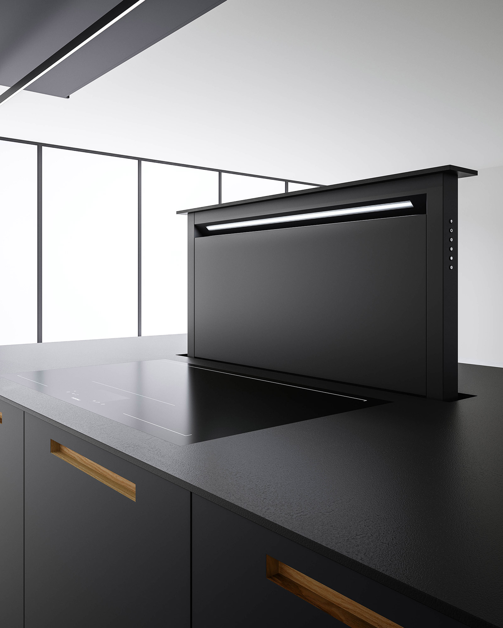 splashback and integrated extractor rises out of minimal kitchen worktop
