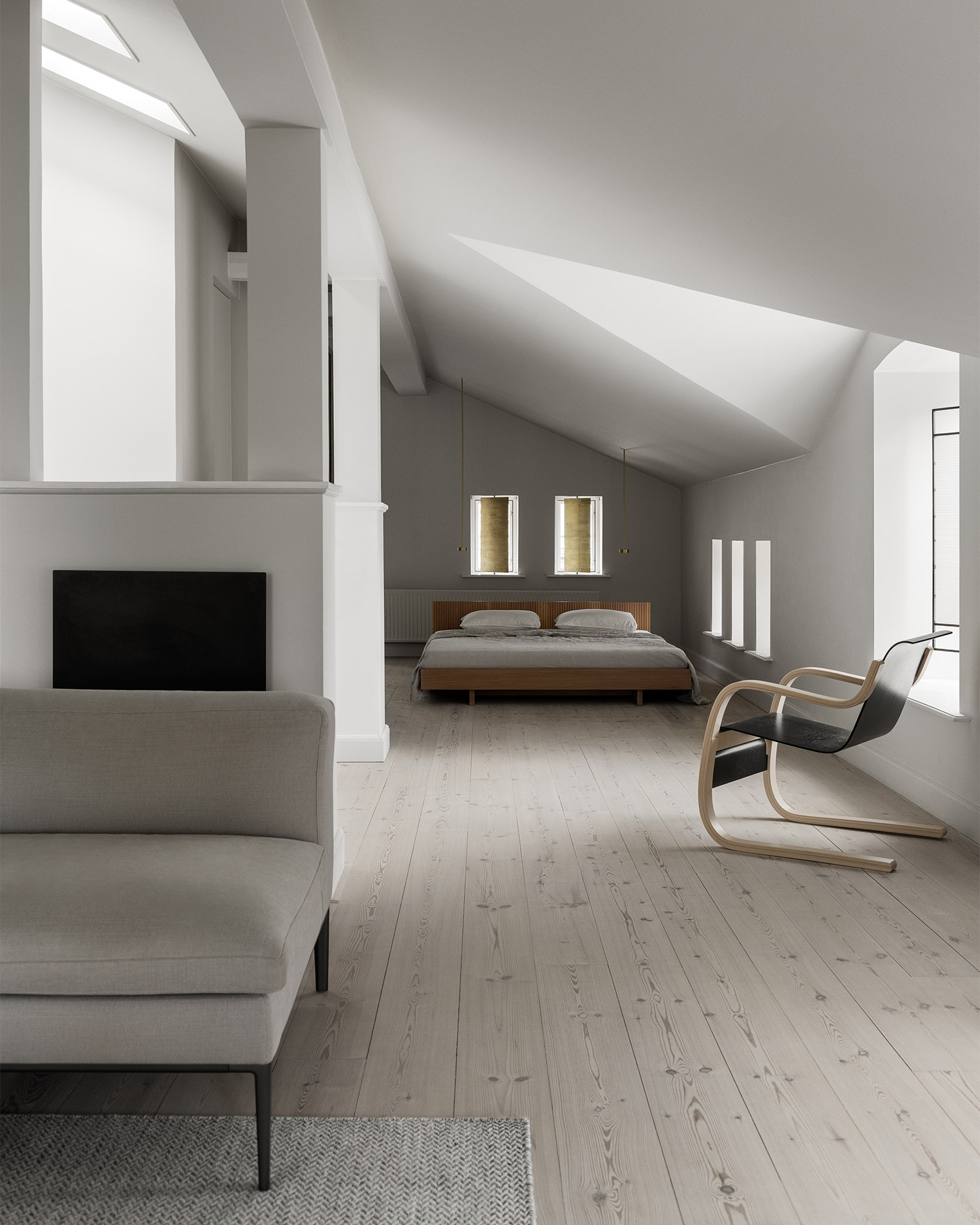 calm white minimal living room and bedroom with brass shutters
