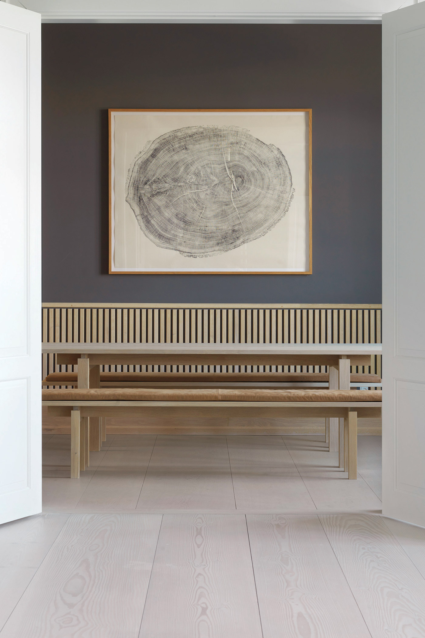 Natural douglas wooden floor in minimal Scandinavian interior