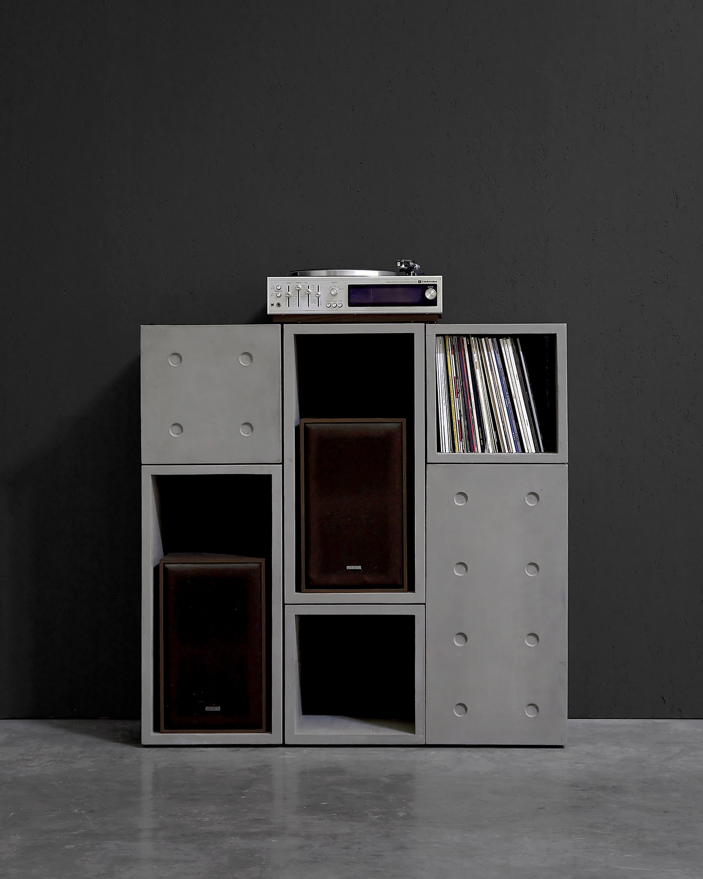 Dice modular concrete storage system with record player