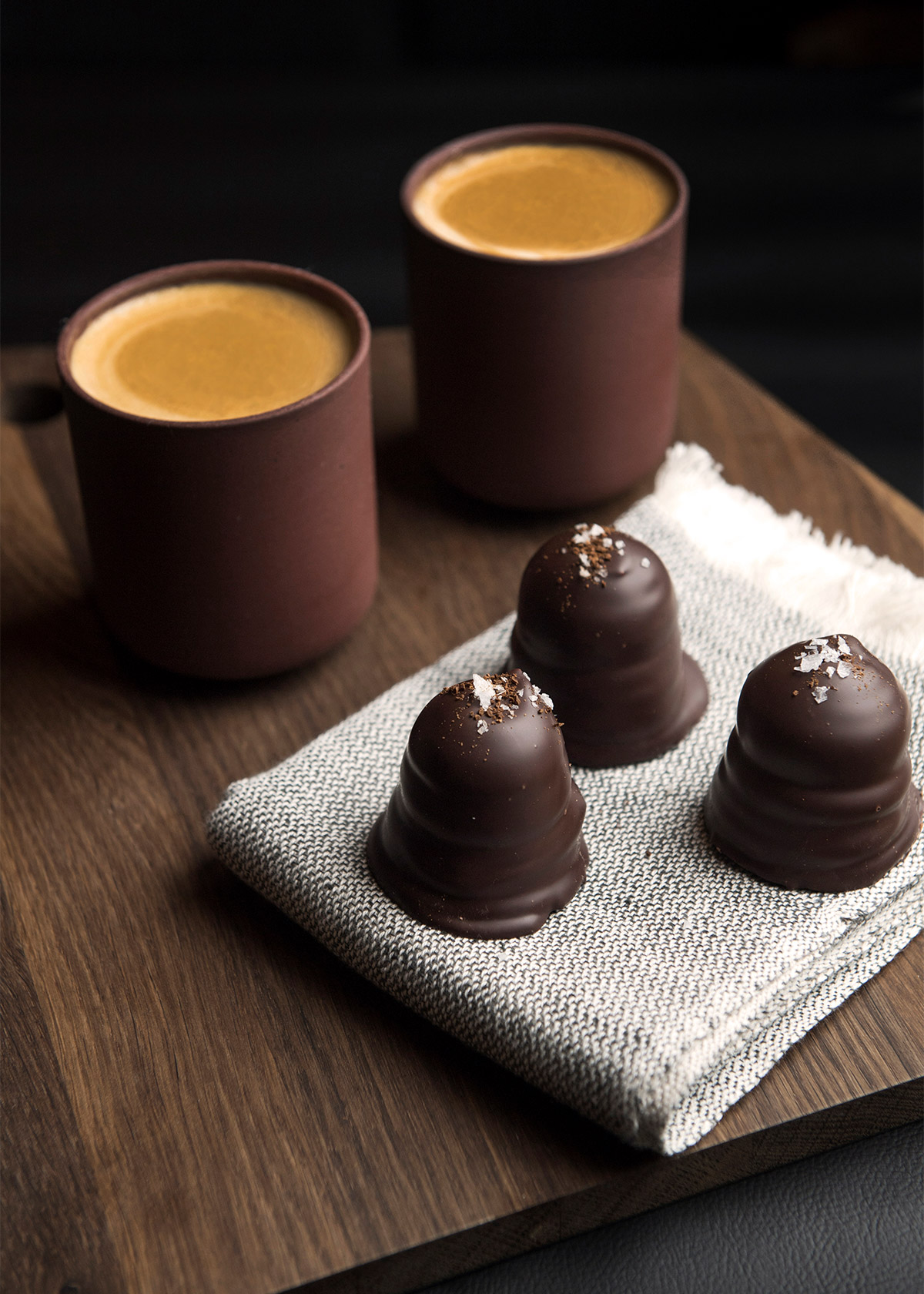 Japanese brown coffee cup and chocolates