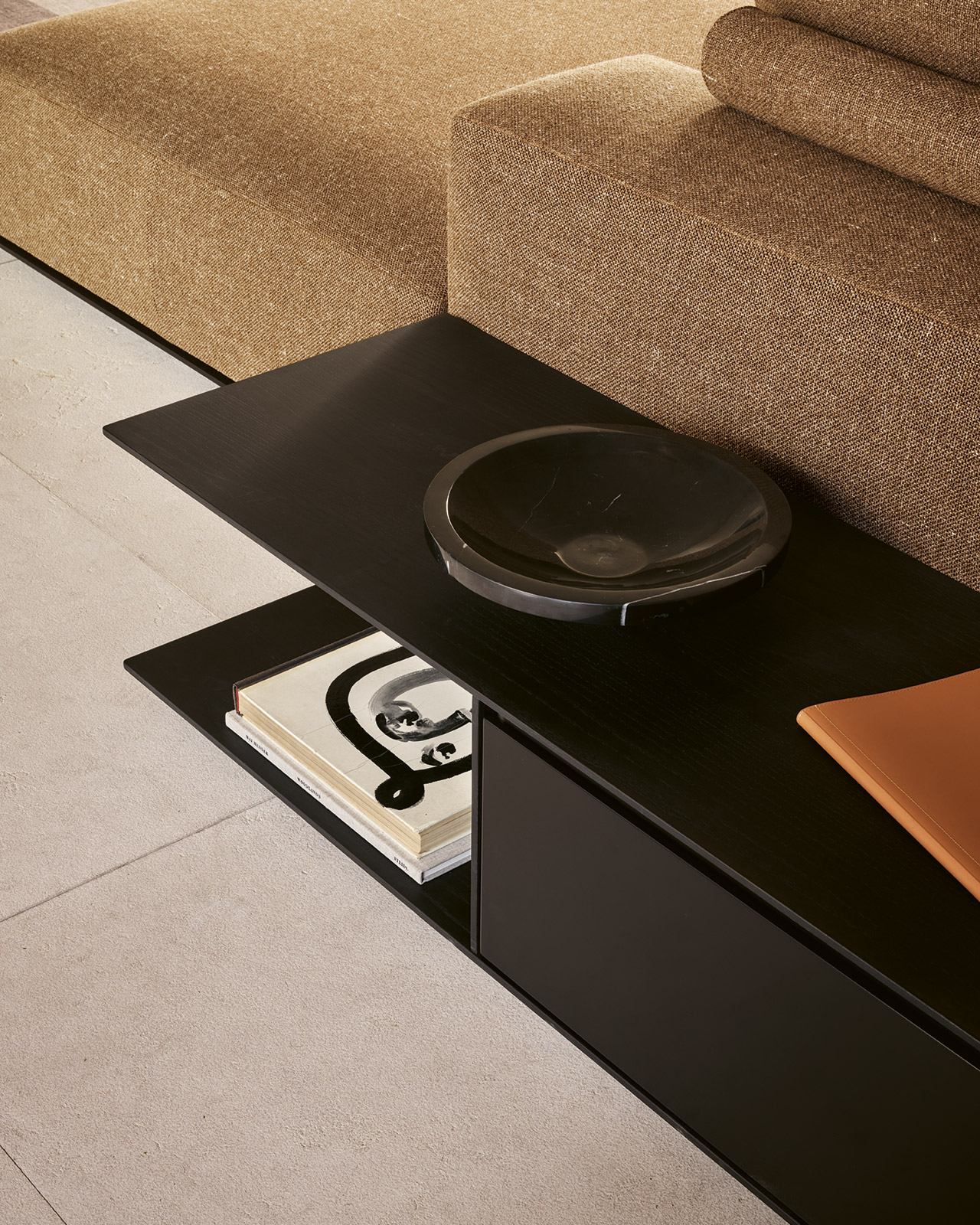 Detail of black wooden behind sofa element for Westside sofa by Poliform