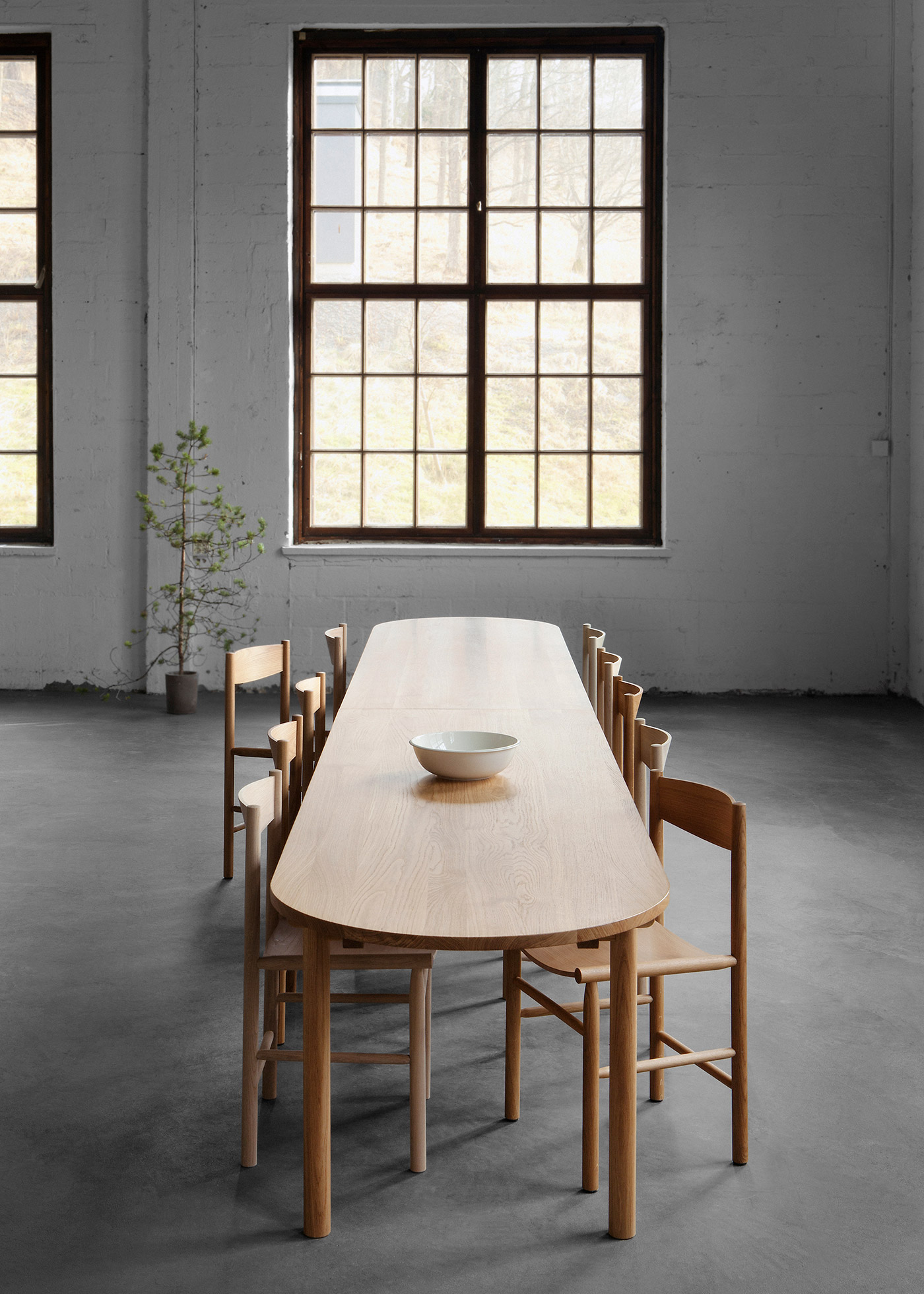 Long wooden oak dining table and chair in industrial space