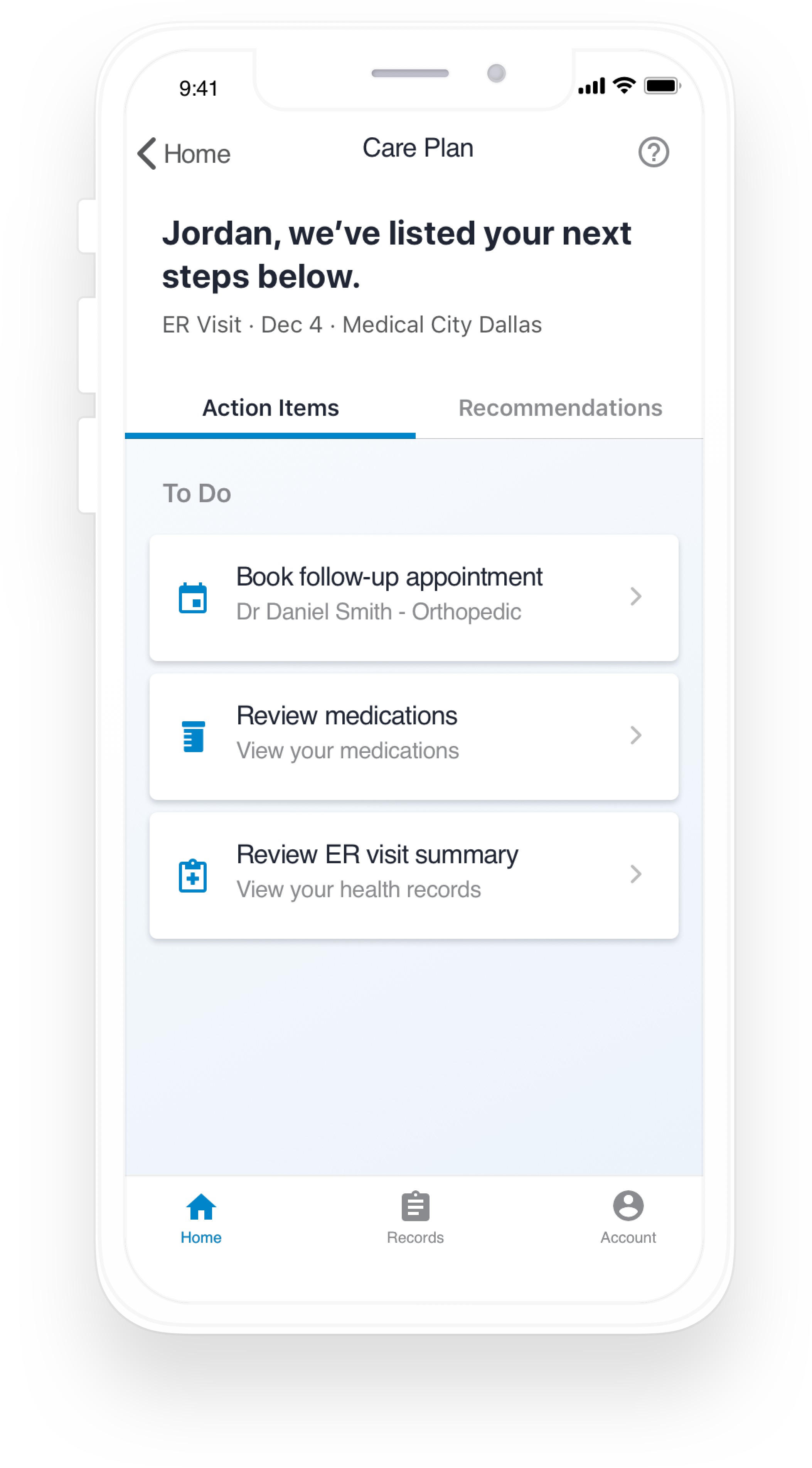 smart phone with HCA My Health One App open with care plan