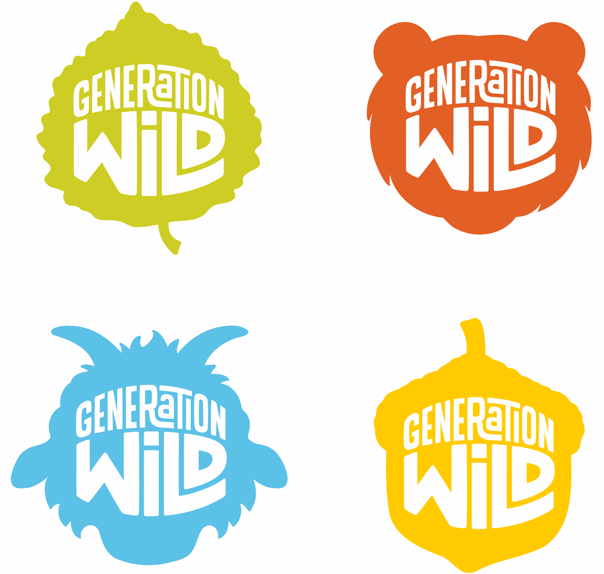 A group of 4 logos with green, orange, blue, and yellow silhouettes of a leaf, bear, wilder, and acorn. All with white text on top that reads Generation Wild