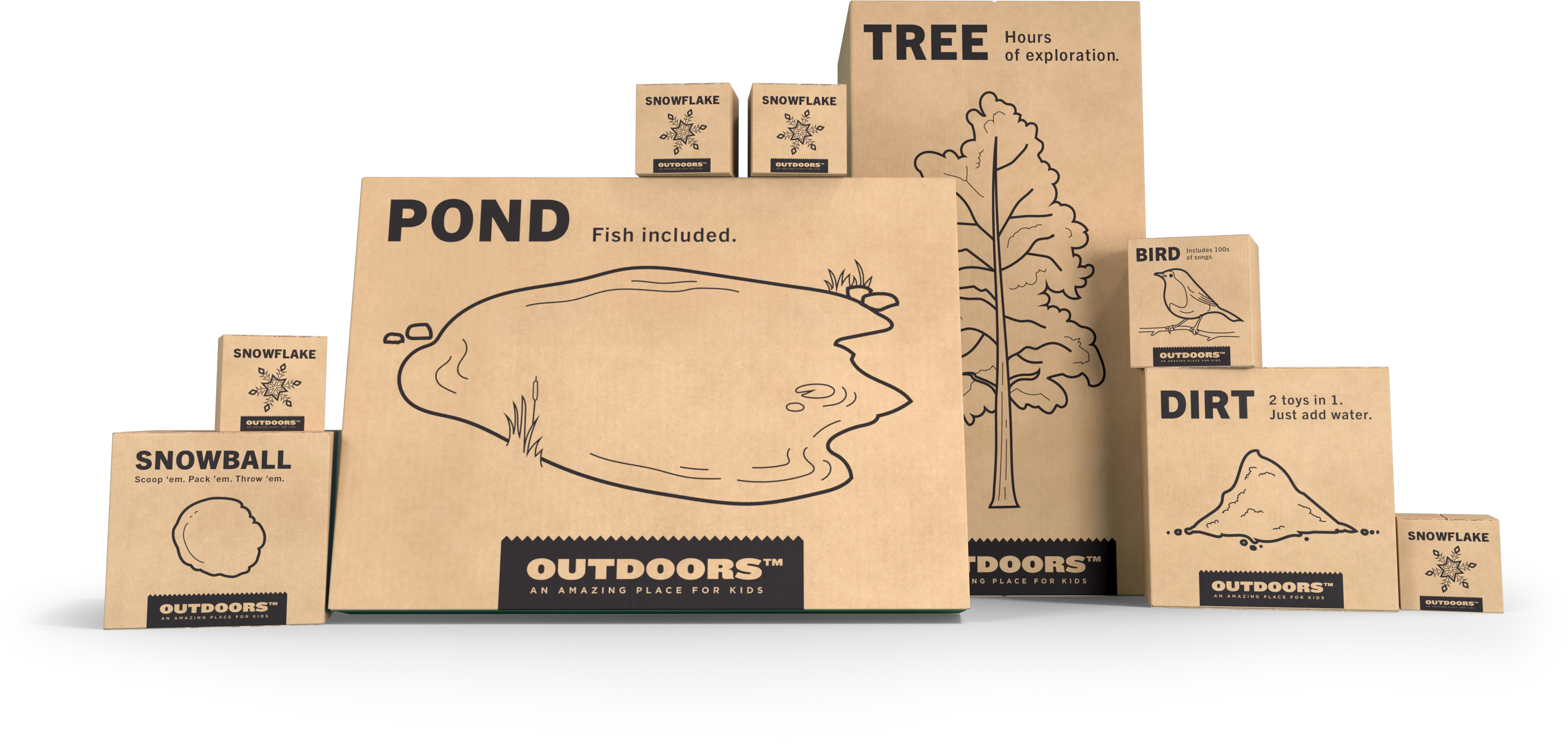 A group of cardboard boxes containing nature items. For example, "Dirt: 2 toys in 1. Just add water."