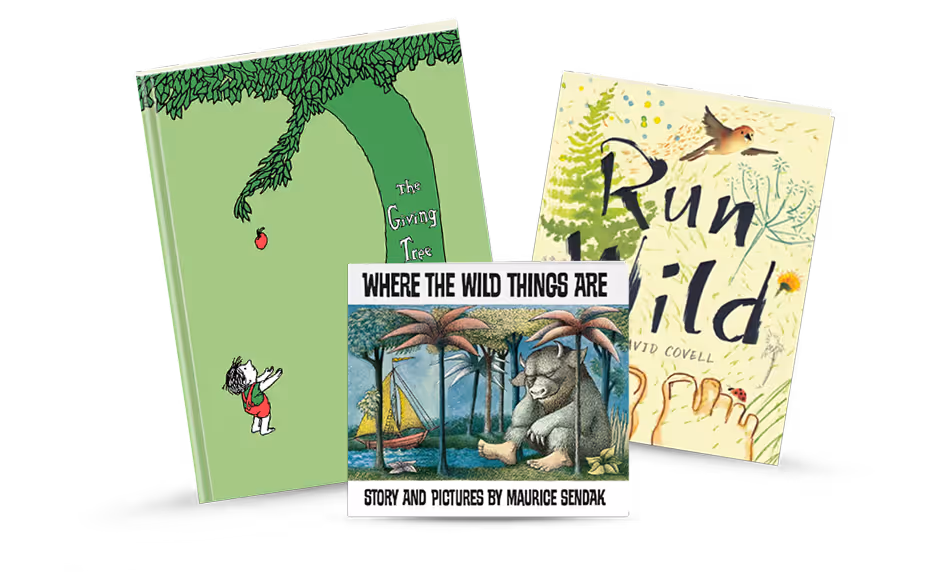 Three children's books: The Giving Tree with a green cover and a boy reaching for an apple, Run Wild with nature illustrations and bird, and Where the Wild Things Are featuring a forest and a large creature.