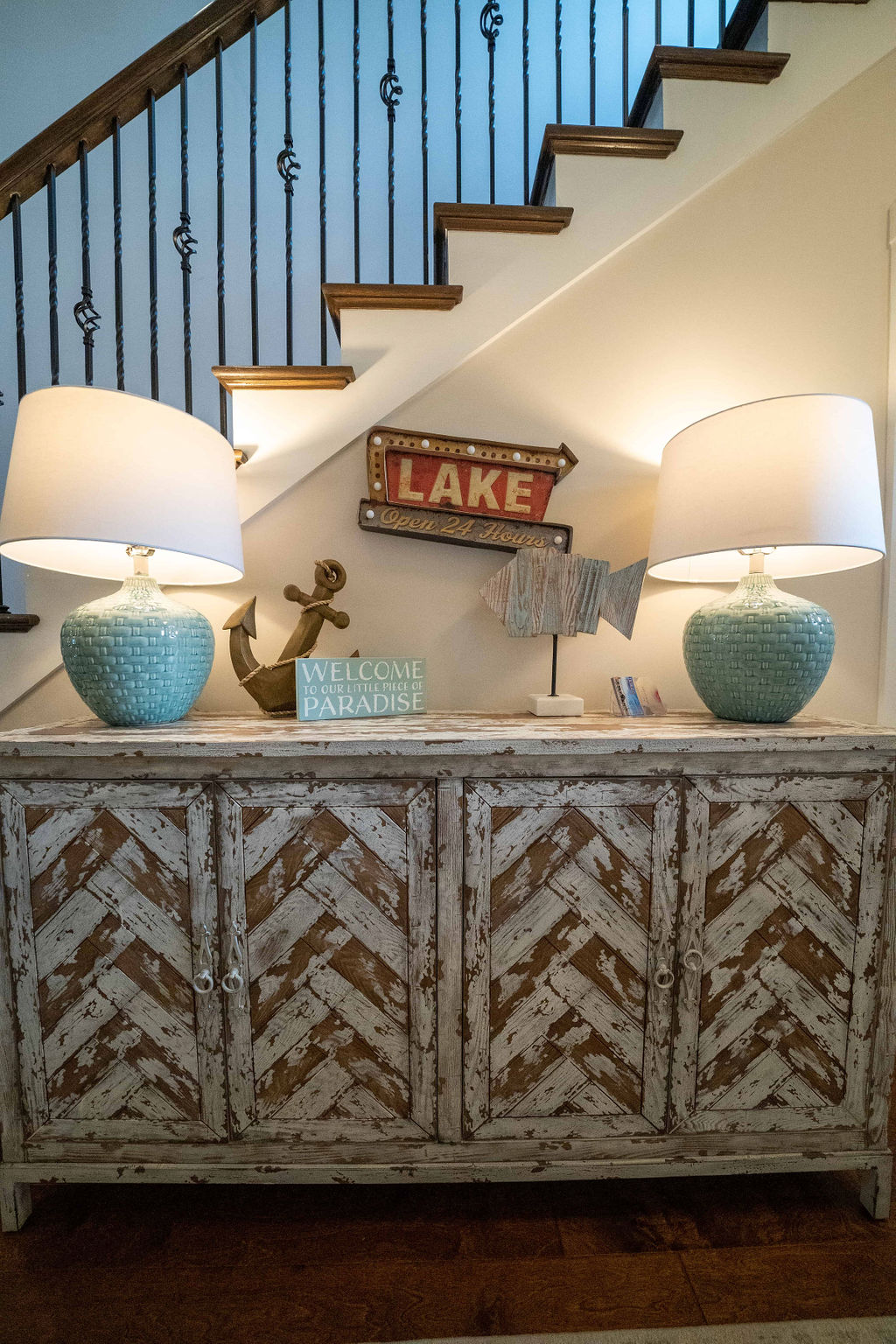 Straight-on view of sideboard in lake villa town house