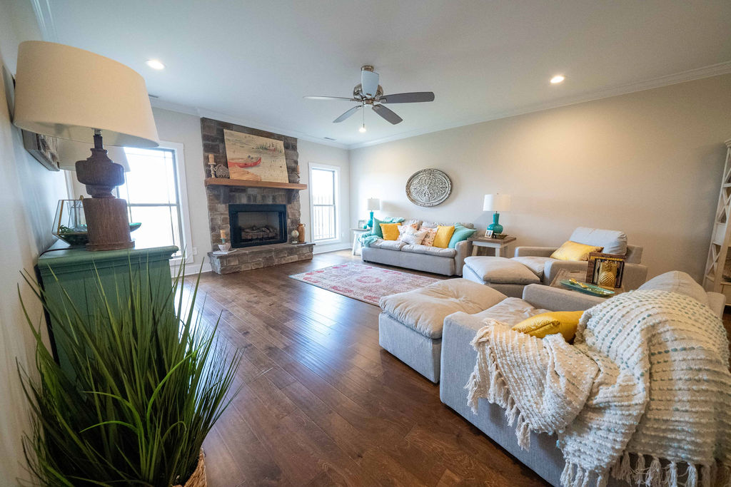 Wide angle view of living room in townhome