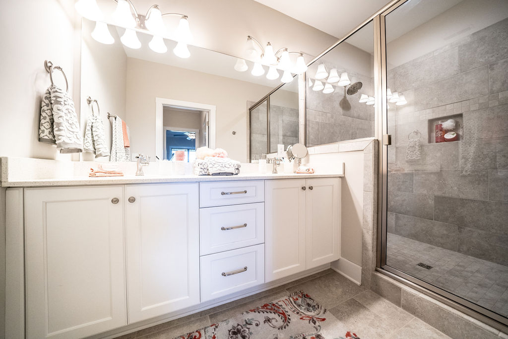 Contemporary double vanity bathroom sink and shower