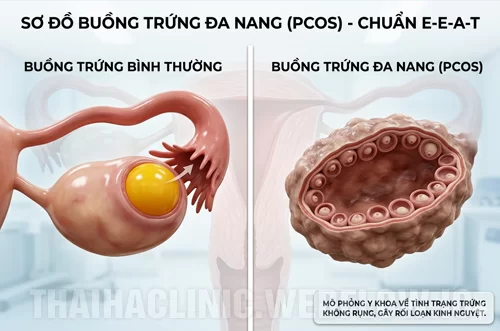 Hình ảnh minh họa buồng trứng bình thường và buồng trứng đa nang