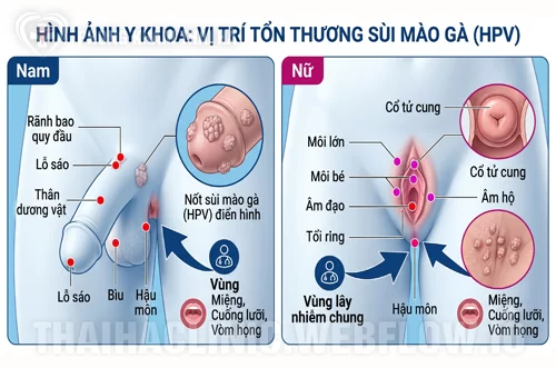 Hình ảnh y khoa minh họa vị trí tổn thương sùi mào gà ở Nam và Nữ