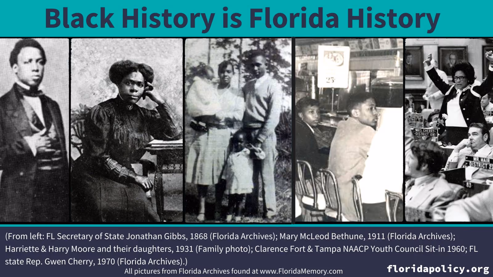 Image that reads "Black History is Florida History" on top with the following images (from L to R): Sec. of State Jonathan Gibbs (1868); Mary McLeod Bethune (1911); Harriette and Harry More and their daughters (1931); Clarence Fort and Tampa NAACP Youth Council sit-in (1960); FL State Rep. Gwen Cherry (1970).