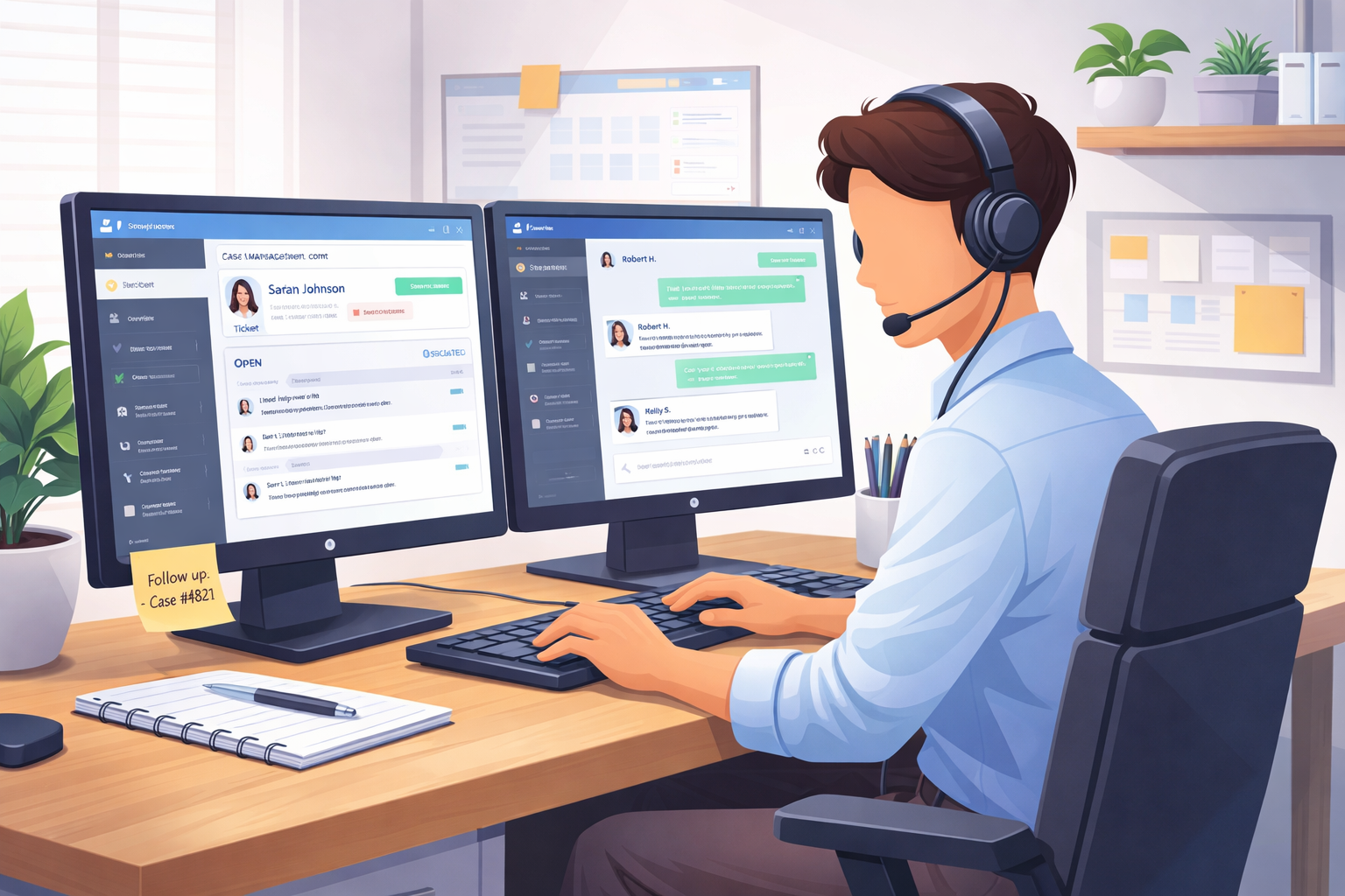 An image of a generic customer service agent at their computer with two monitors looking at a generic customer service management tool (not this tool)