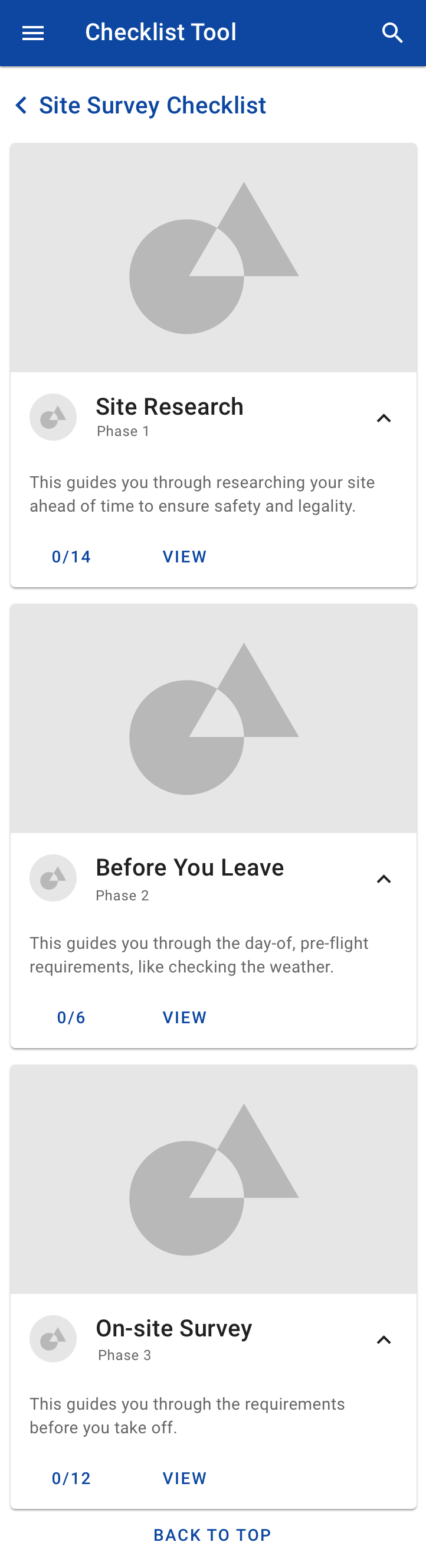 Main screen of the Site Survey Checklist prototype using Material design.