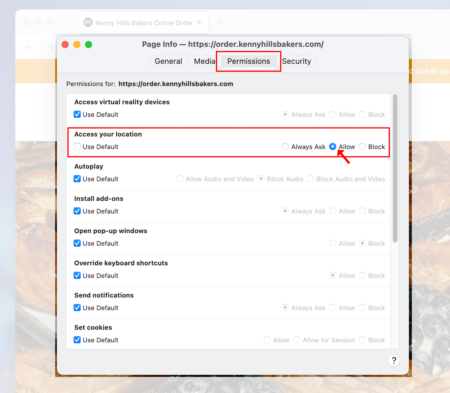 Select Permissions. After that, to the right of "Access your location," uncheck Use Default. Then, choose Allow.