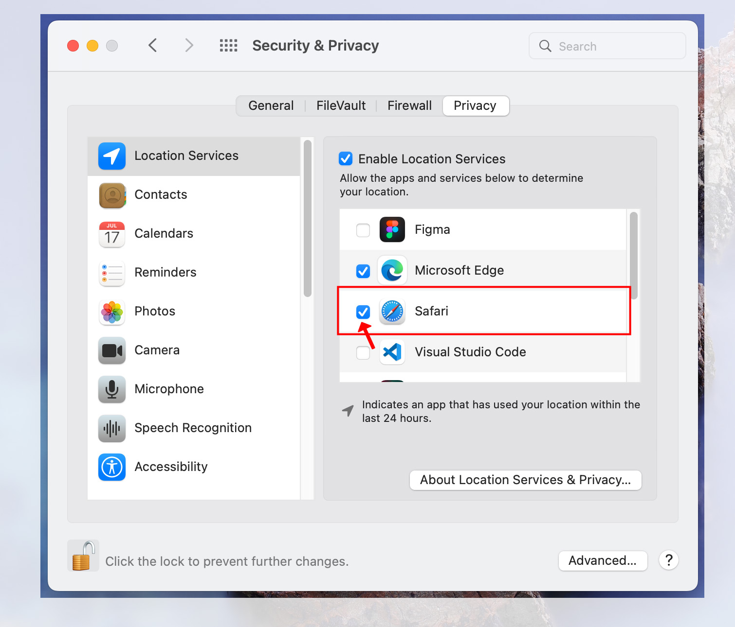 n the list, check Safari.