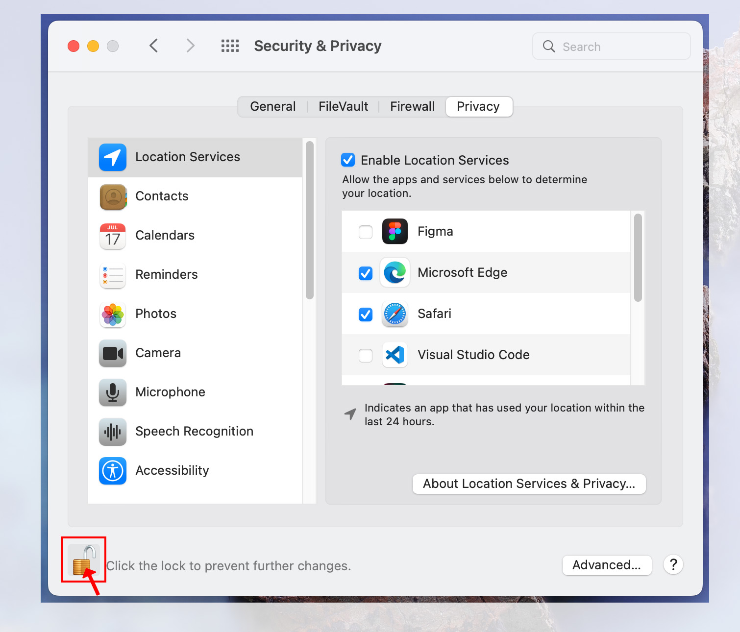 In the bottom left, click the Lock icon so that it's unlocked.