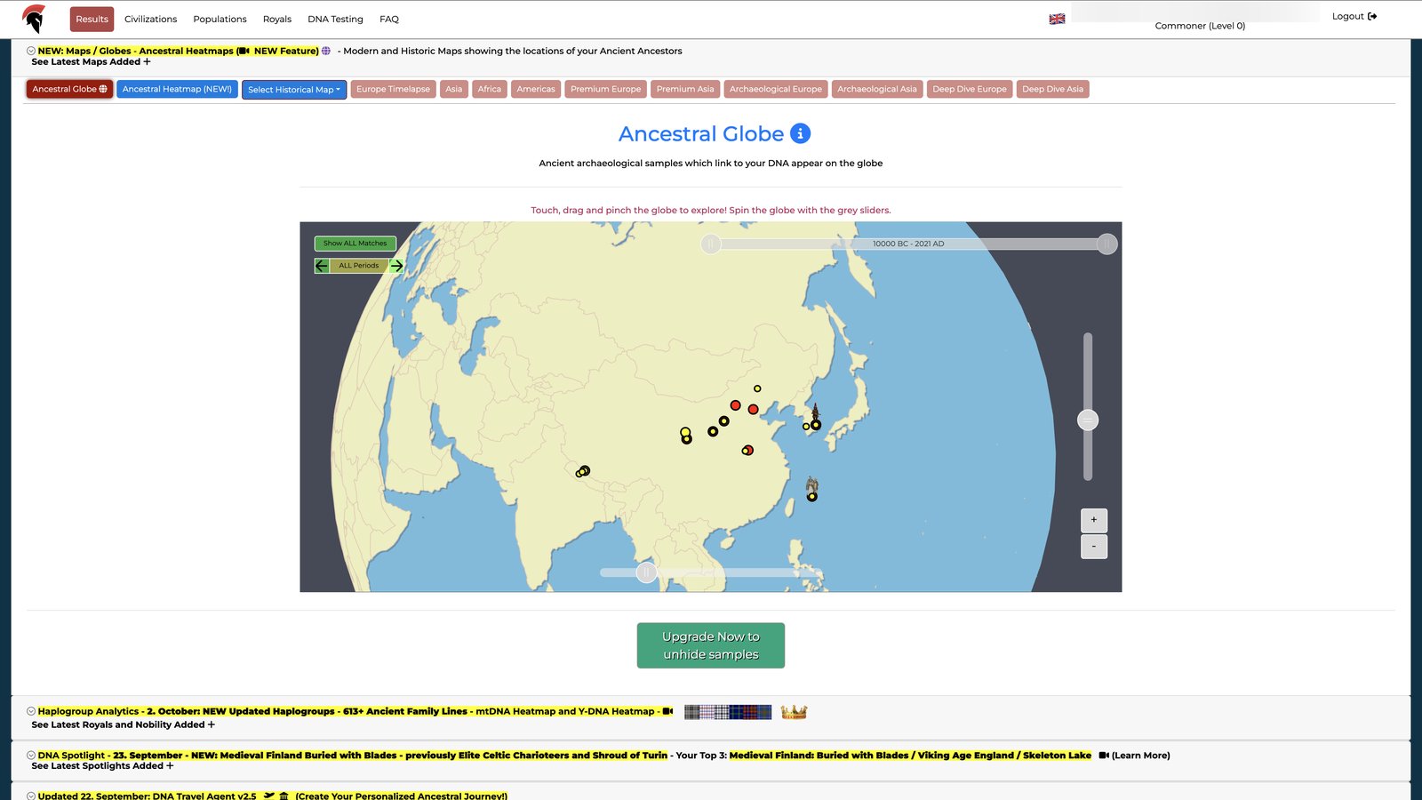 MyTrueAncestry Ancestral Globe with sample locations in Japan, Korea, and China
