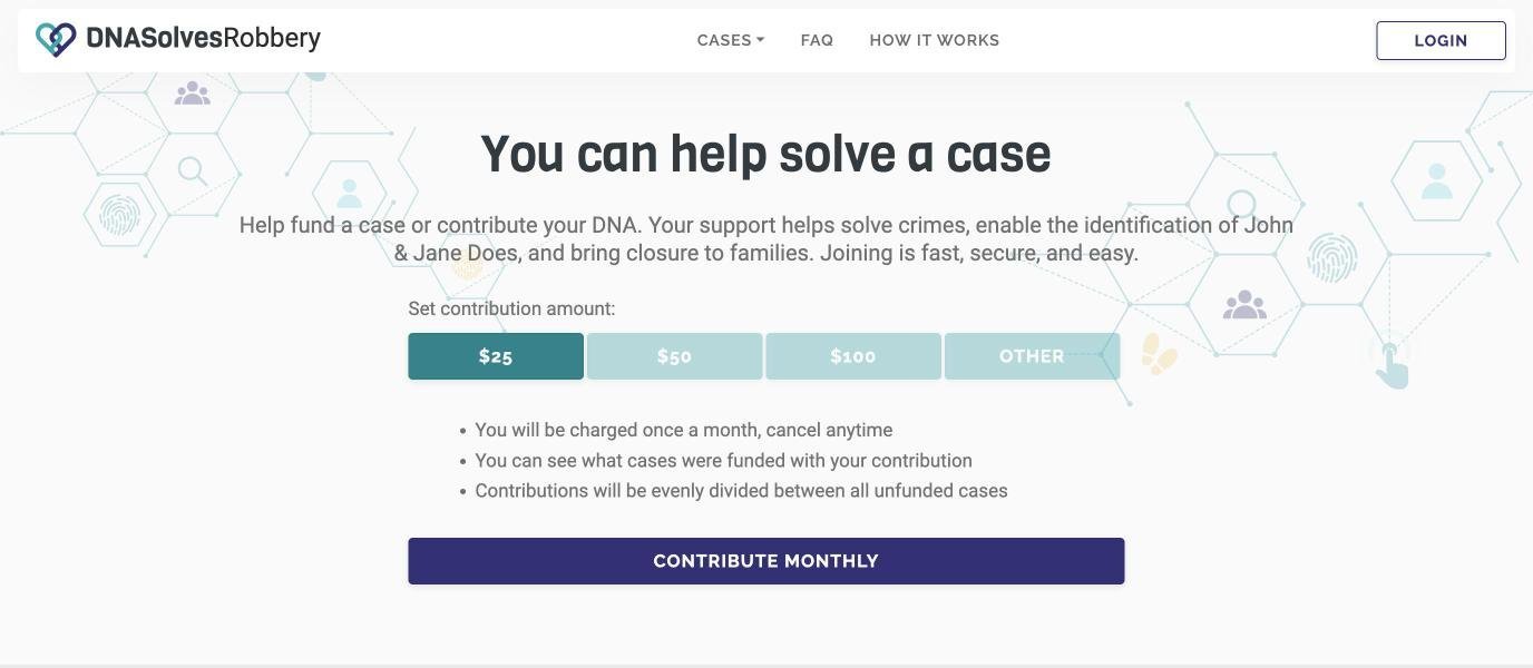 DNASolves homepage, "You can help solve a case"