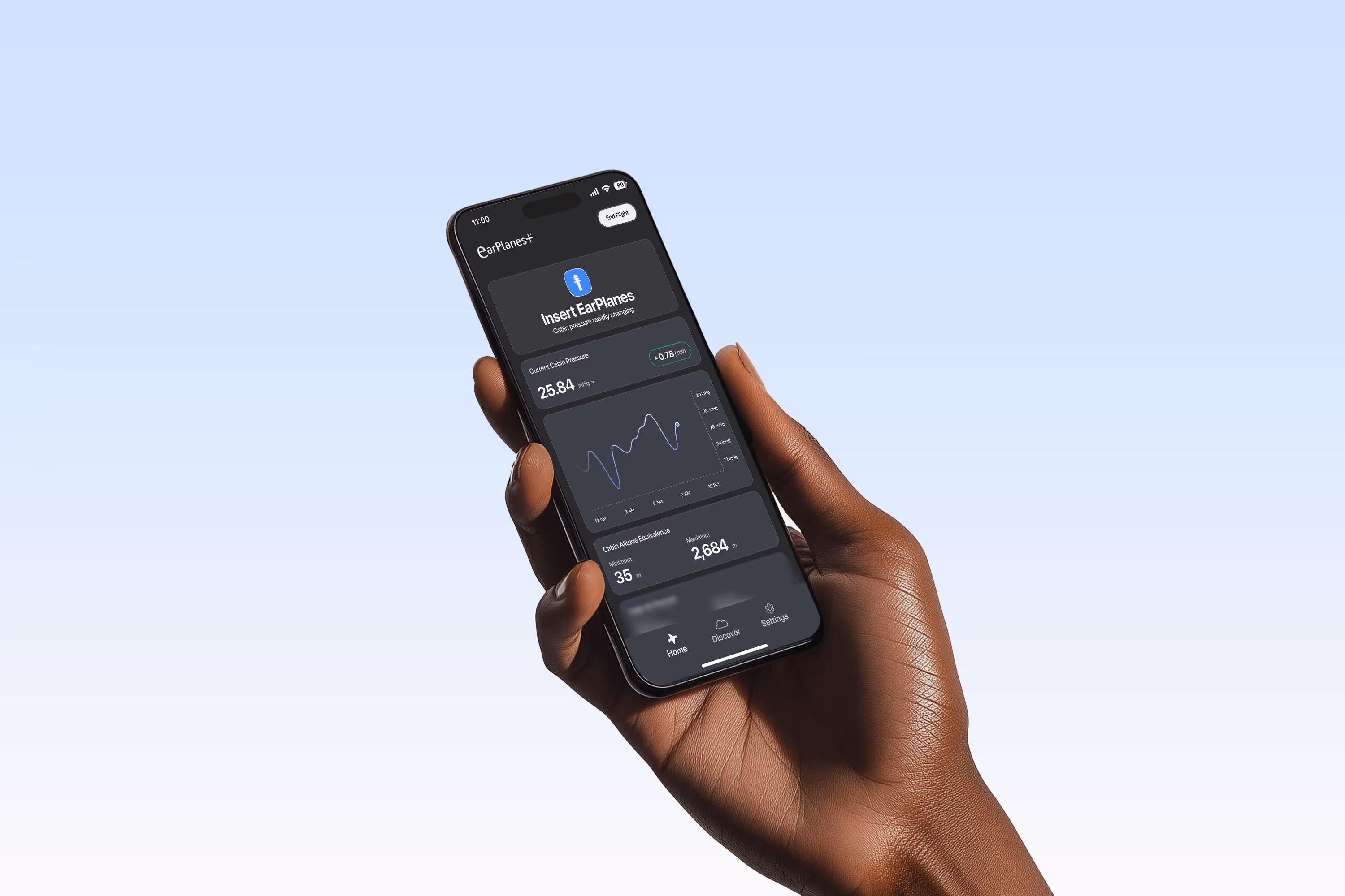 person holding a phone with the earplanes mobile app mockup with pressure data