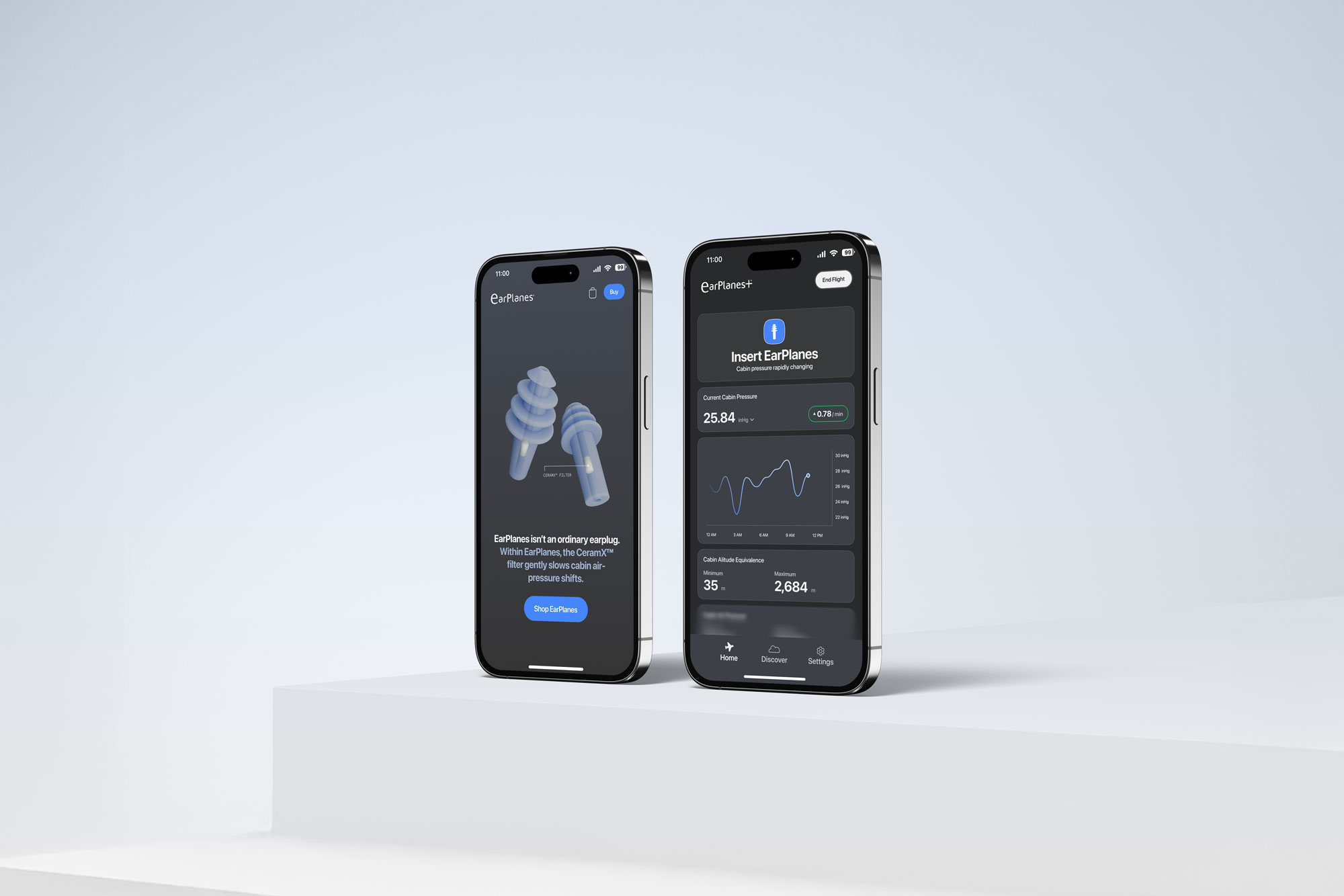 Mobile mockup of earplanes.com product 3d view and a mobile mockup of the earplanes mobile app.