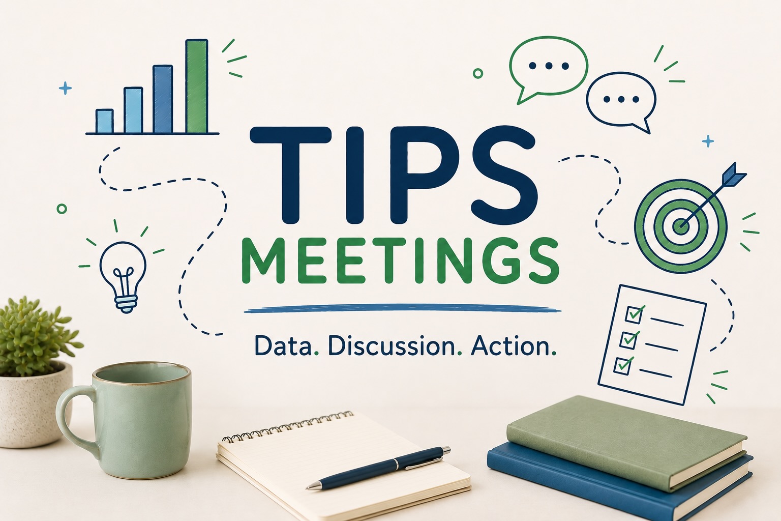 Illustrated workspace with TIPS Meetings, notebooks, and decision-making icons.
